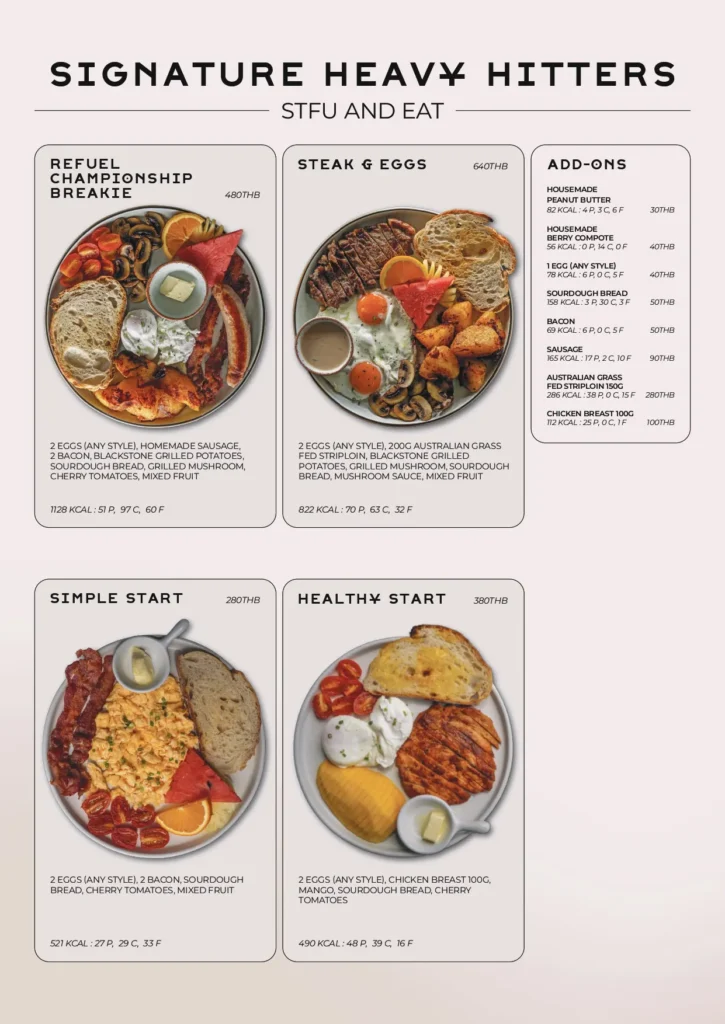 REFUEL menu: breakfast plates and add-ons.