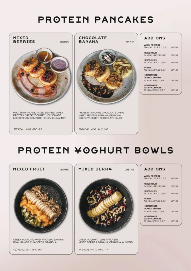 REFUEL menu: protein pancakes and yoghurt bowls.