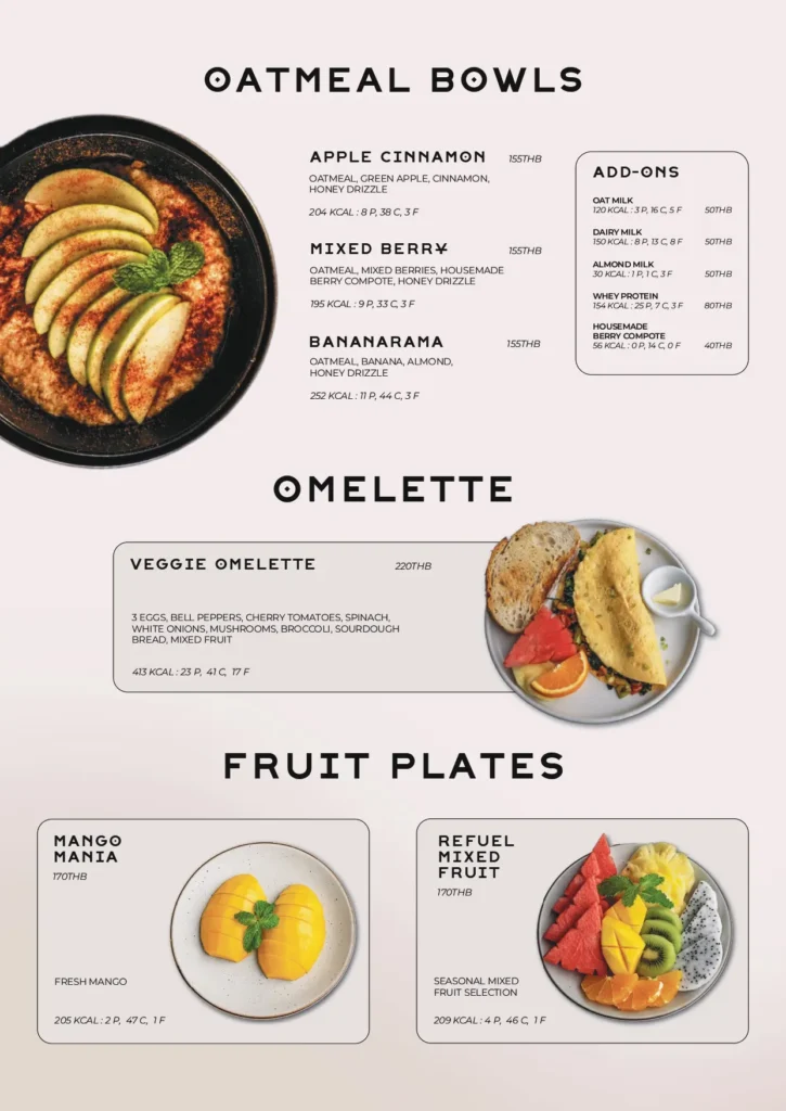 REFUEL menu: oatmeal bowls, omelette and fruit plates.