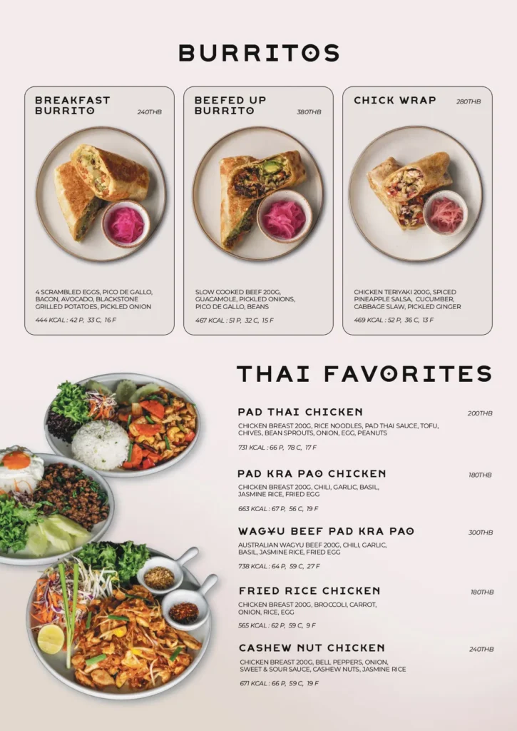 REFUEL menu: burritos and Thai dishes.