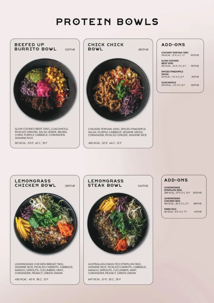 REFUEL menu: protein bowls and add-ons.