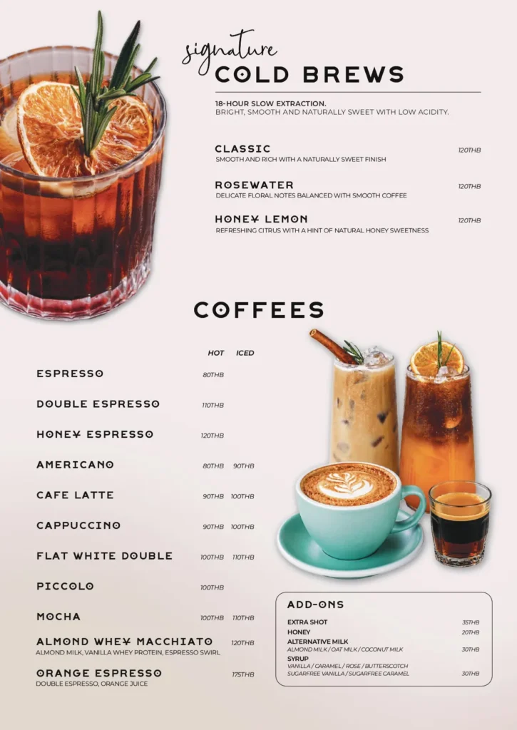 REFUEL menu: cold brews and coffees.