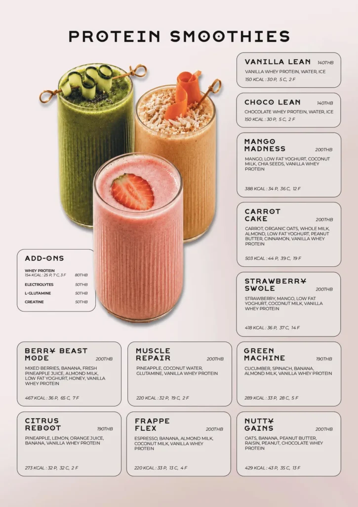 REFUEL menu: protein smoothies.