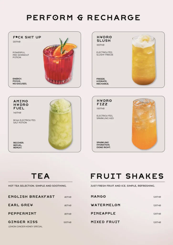 REFUEL menu: performance drinks, tea and fruit shakes.