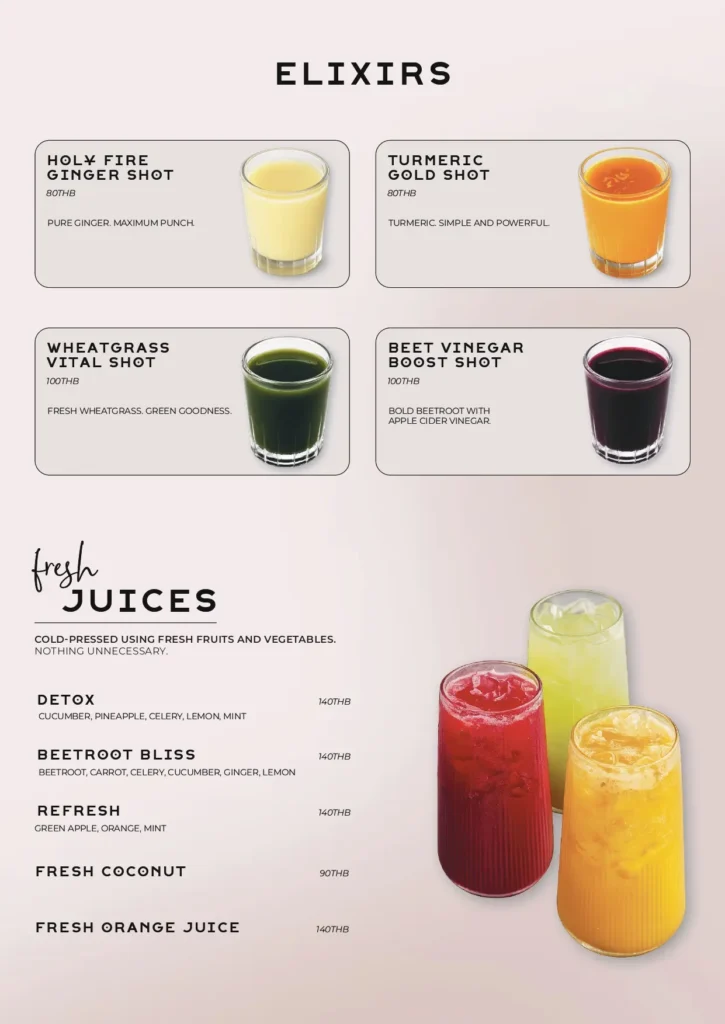REFUEL menu: elixirs and fresh juices.